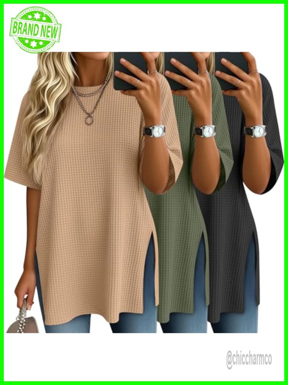 Waffle Knit Oversized Tops 3 Pack Womens Short Sleeve Tees